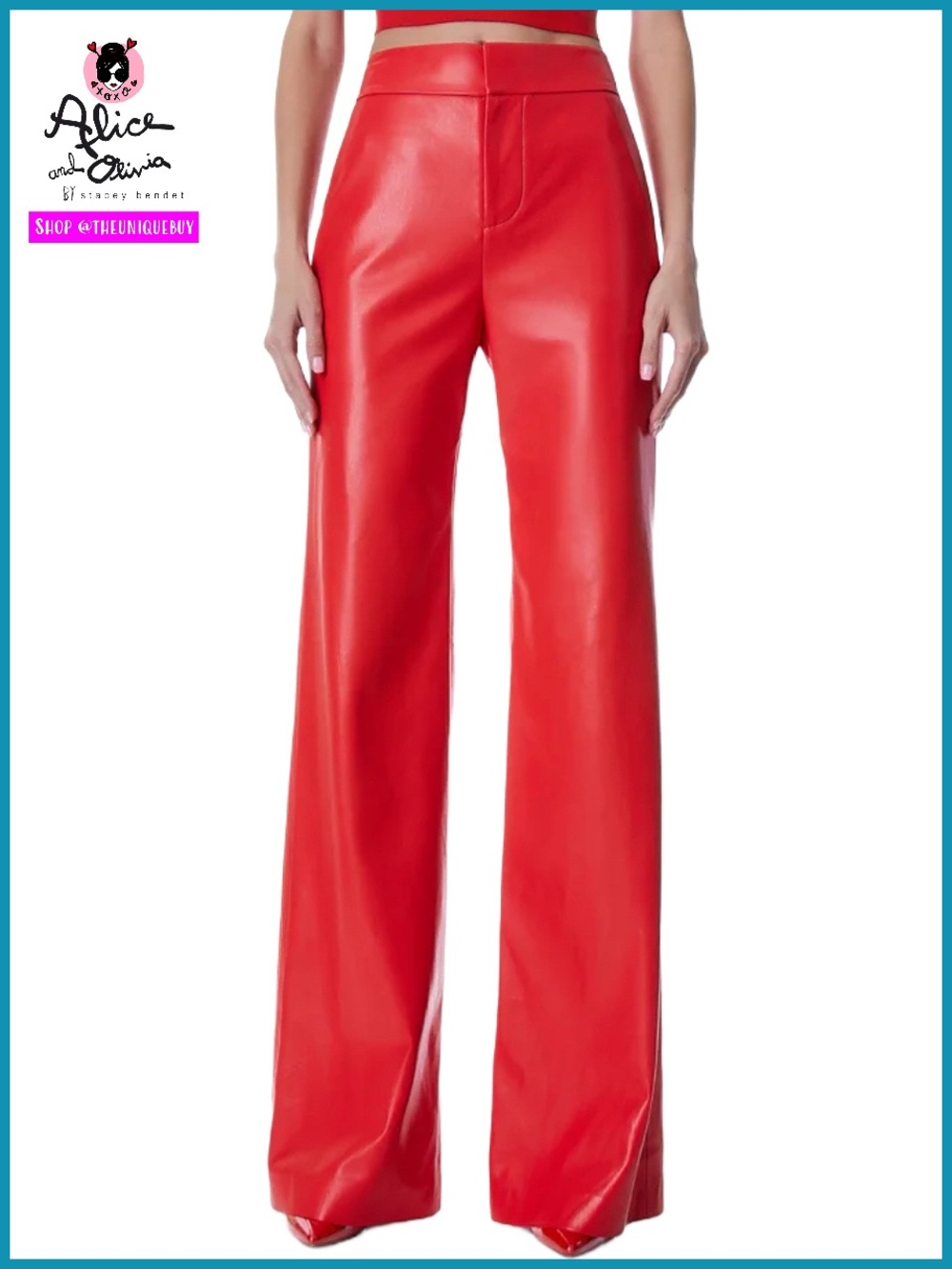 Alice + Olivia Deanna Red Vegan Leather High Waisted Bootcut Pant